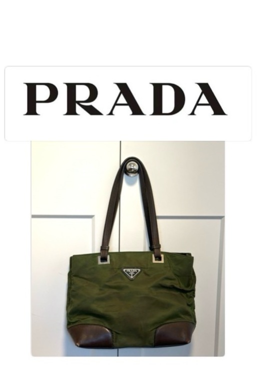 Prada Handbags - [Prada] Olive Green Nylon Shoulder Bag Handbag Purse Small Tote w/ Brown Leather